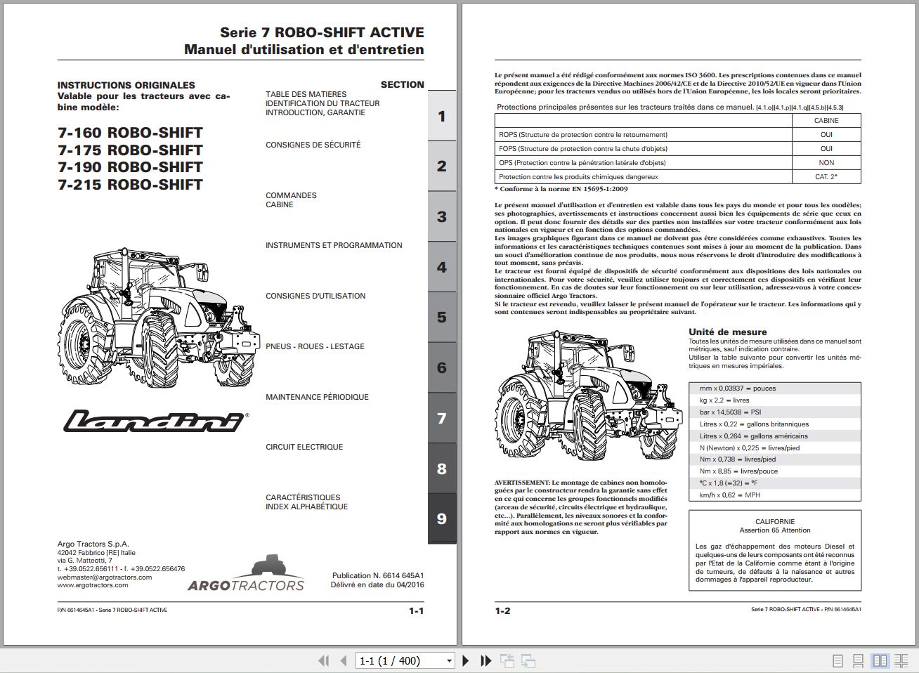 Landini Tractor 7 160 to 7 215 ROBO SHIFT Operators Maintenance Manual 6614645A1 FR 1