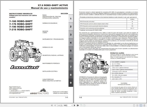 Landini Tractor 7 160 to 7 215 ROBO SHIFT Operators Maintenance Manual 6614646A1 ES 1