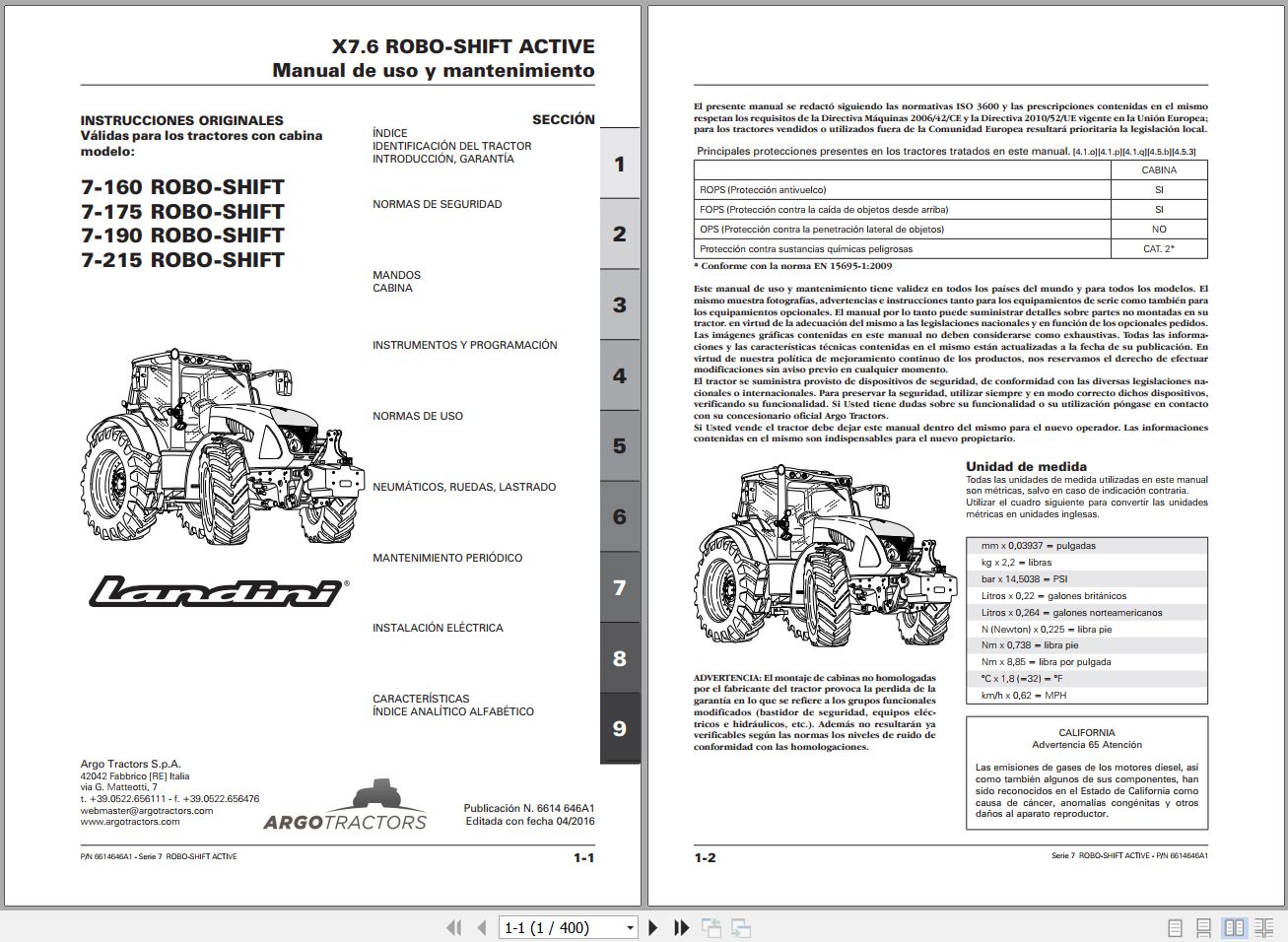 Landini Tractor 7 160 to 7 215 ROBO SHIFT Operators Maintenance Manual 6614646A1 ES 1