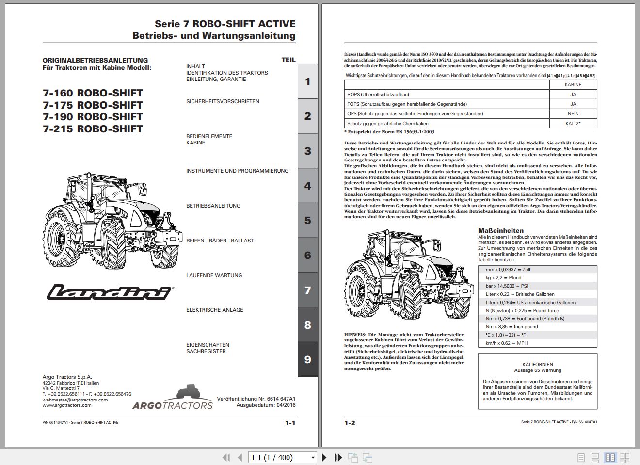 Landini Tractor 7 160 to 7 215 ROBO SHIFT Operators Maintenance Manual 6614647A1 DE 1
