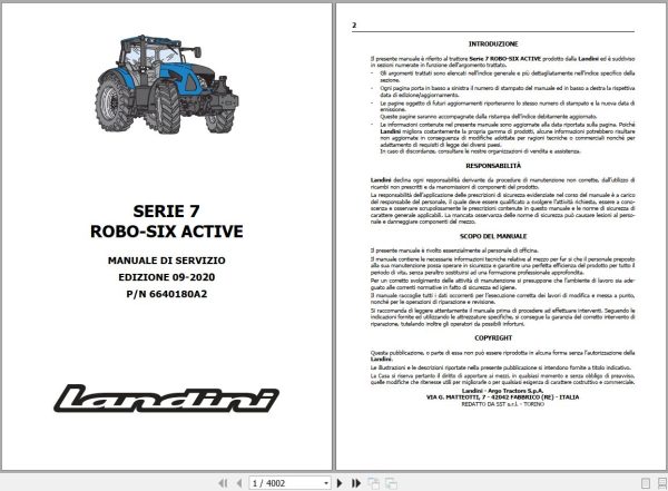 Landini Tractor 7 160 to 7 230 ROBO SIX ACTIVE Service Manual 6640180A2 IT 1