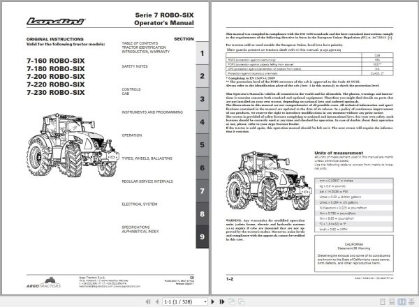 Landini Tractor 7 160 to 7 230 ROBO SIX Operators Maintenance Manual 6627377A2 EN 1