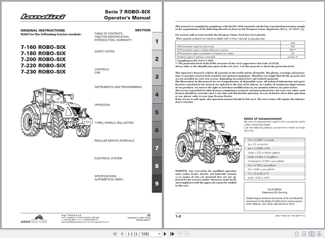 Landini Tractor 7 160 to 7 230 ROBO SIX Operators Maintenance Manual 6627377A2 EN 1