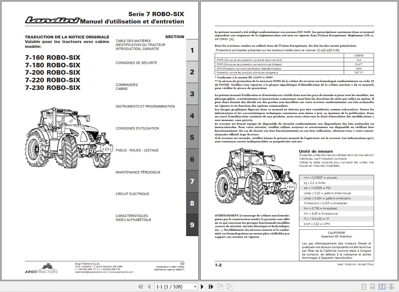 Landini Tractor 7 160 to 7 230 ROBO SIX Operators Maintenance Manual 6627378A2 FR 1