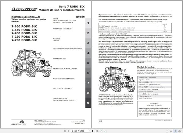 Landini Tractor 7 160 to 7 230 ROBO SIX Operators Maintenance Manual 6627379A2 ES 1