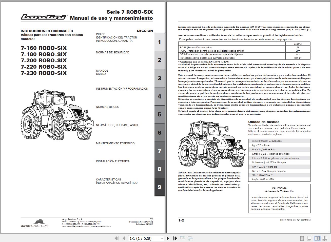 Landini Tractor 7 160 to 7 230 ROBO SIX Operators Maintenance Manual 6627379A2 ES 1