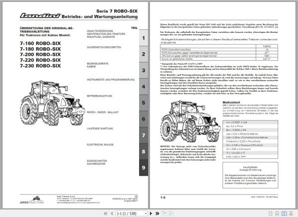 Landini Tractor 7 160 to 7 230 ROBO SIX Operators Maintenance Manual 6627380A2 DE 1
