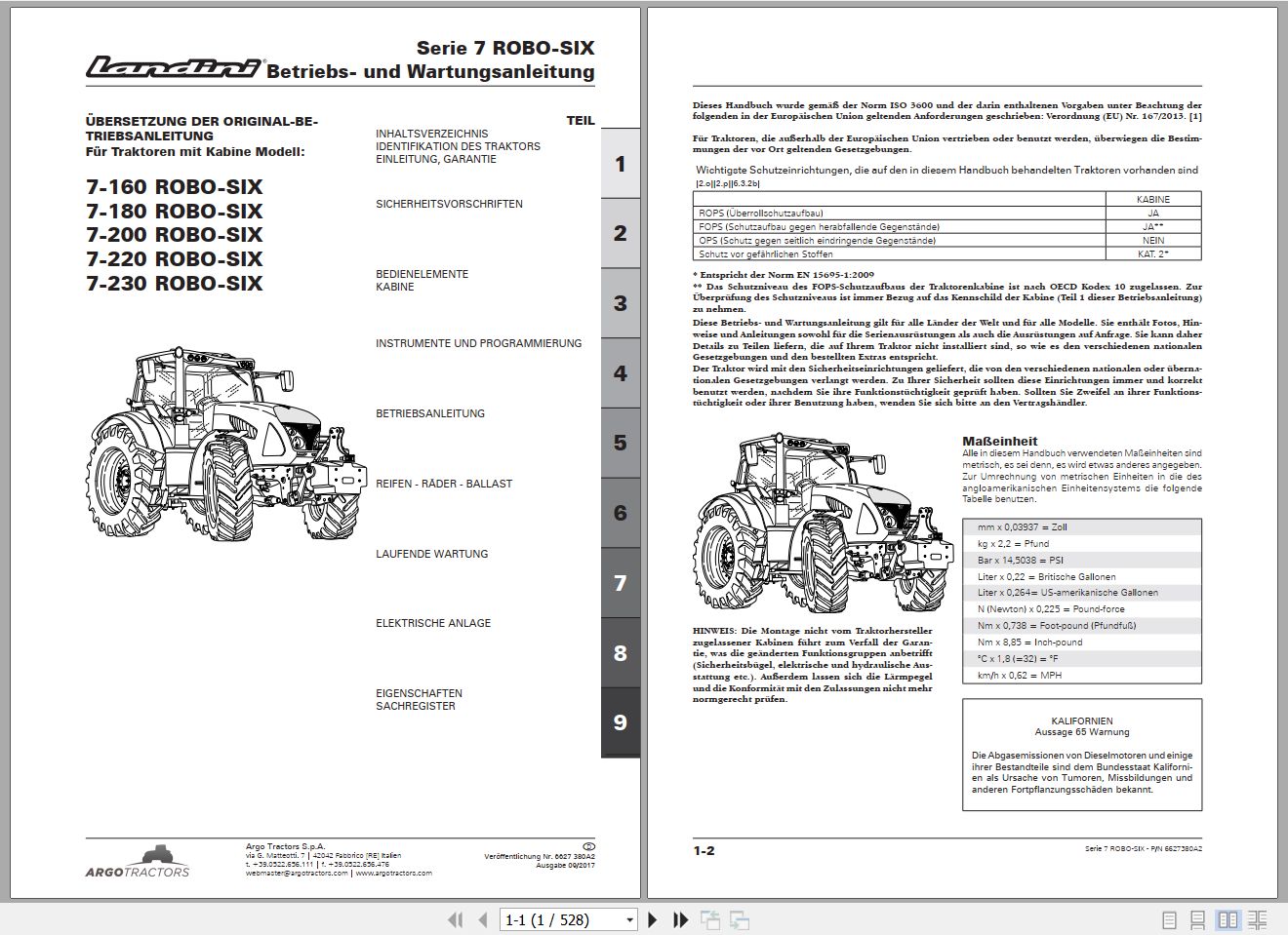 Landini Tractor 7 160 to 7 230 ROBO SIX Operators Maintenance Manual 6627380A2 DE 1