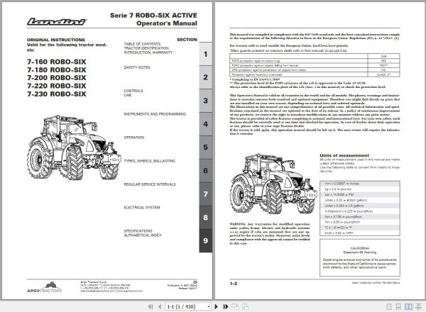 Landini Tractor 7 160 to 7 230 ROBO SIX Operators Maintenance Manual 6627382A2 EN 1