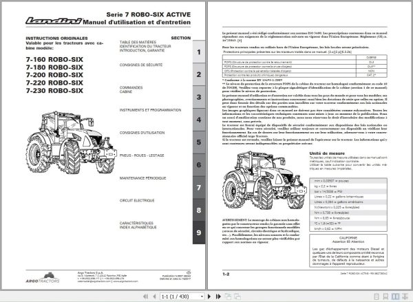 Landini Tractor 7 160 to 7 230 ROBO SIX Operators Maintenance Manual 6627383A2 FR 1