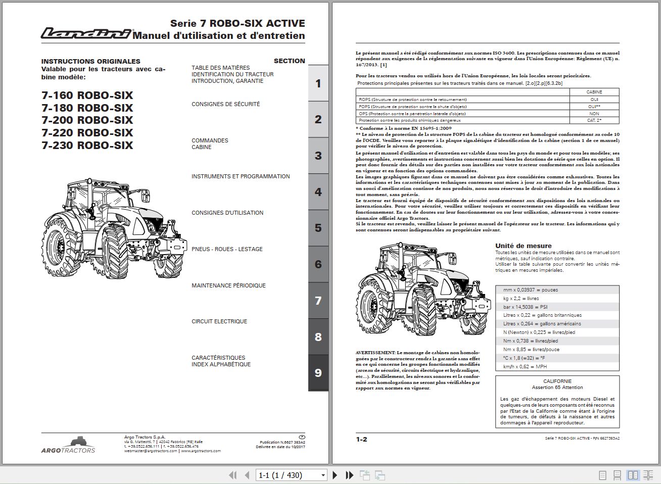 Landini Tractor 7 160 to 7 230 ROBO SIX Operators Maintenance Manual 6627383A2 FR 1