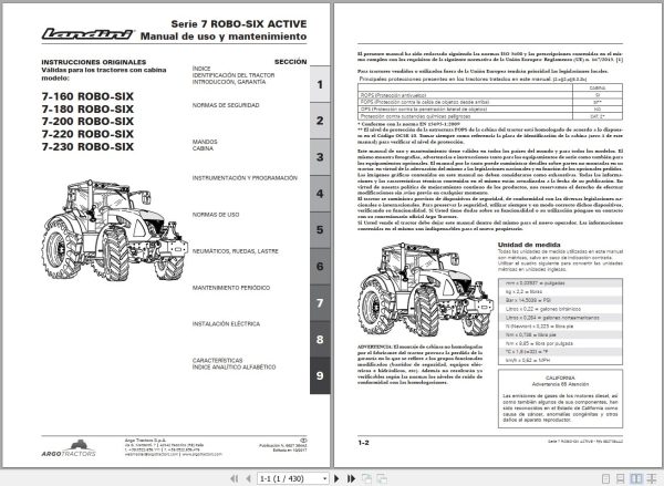 Landini Tractor 7 160 to 7 230 ROBO SIX Operators Maintenance Manual 6627384A2 ES 1