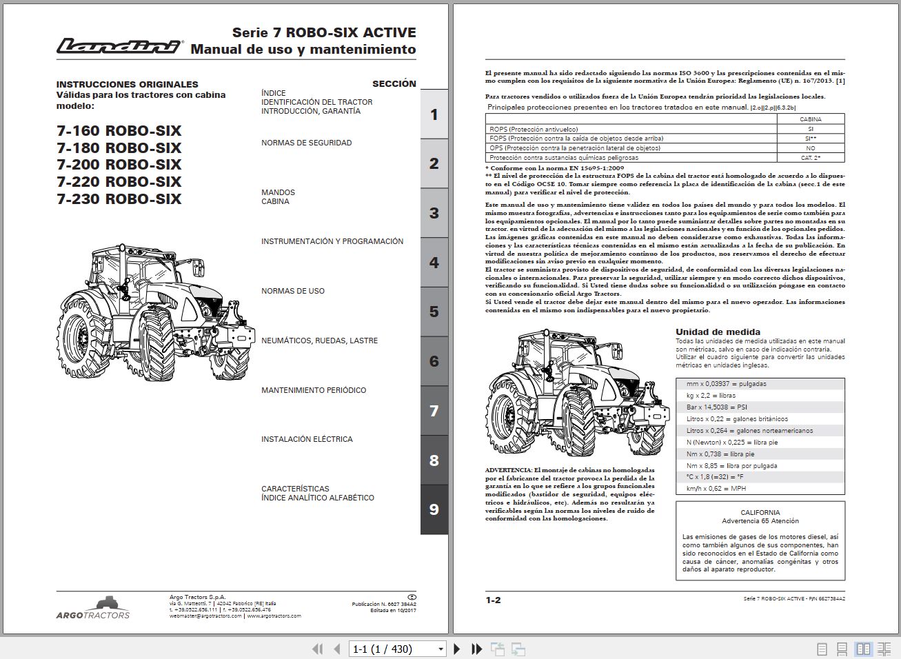 Landini Tractor 7 160 to 7 230 ROBO SIX Operators Maintenance Manual 6627384A2 ES 1
