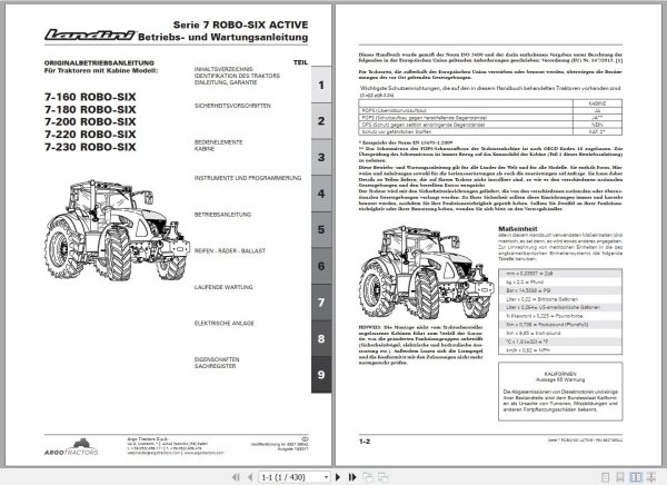 Landini Tractor 7 160 to 7 230 ROBO SIX Operators Maintenance Manual 6627385A2 DE 1