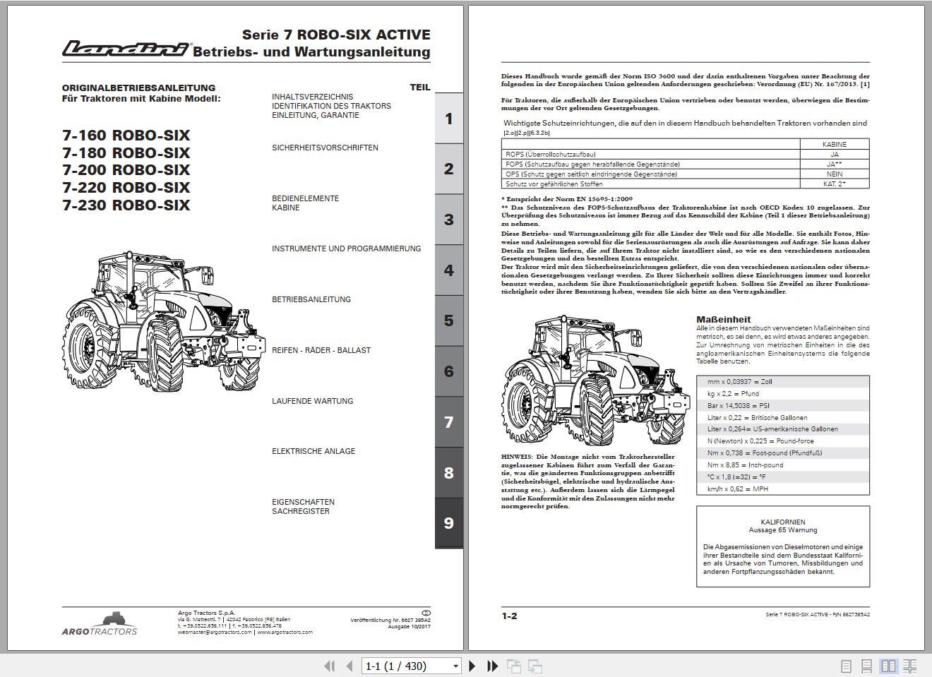 Landini Tractor 7 160 to 7 230 ROBO SIX Operators Maintenance Manual 6627385A2 DE 1