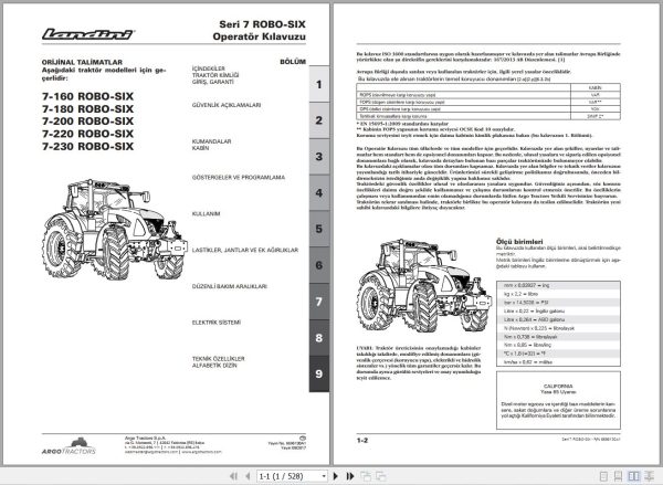 Landini Tractor 7 160 to 7 230 ROBO SIX Operators Maintenance Manual 6696130A1 TR 1