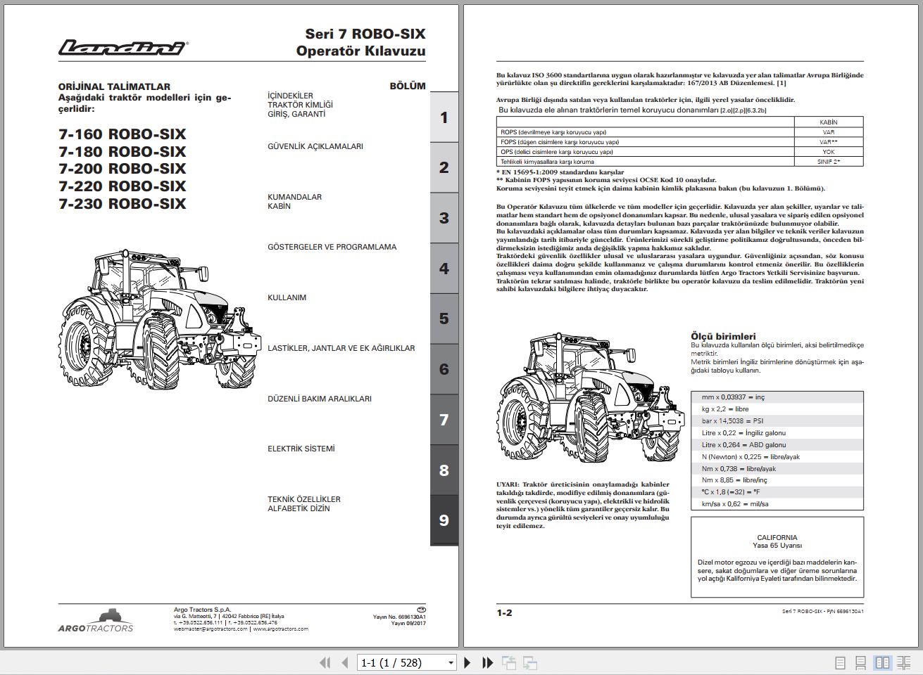 Landini Tractor 7 160 to 7 230 ROBO SIX Operators Maintenance Manual 6696130A1 TR 1