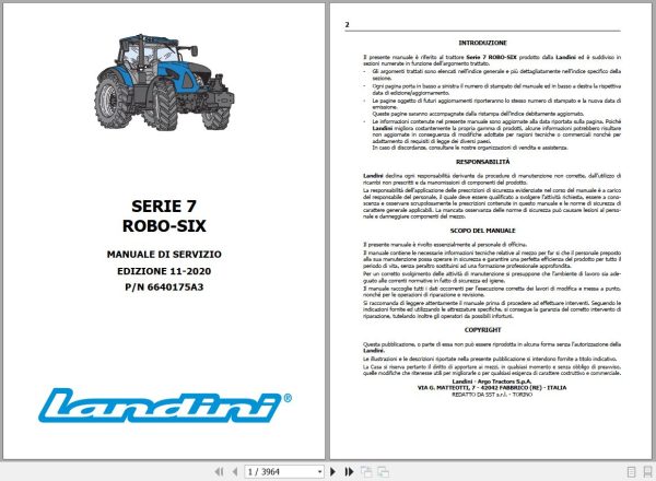 Landini Tractor 7 160 to 7 230 ROBO SIX Service Manual 6640175A3 IT 1