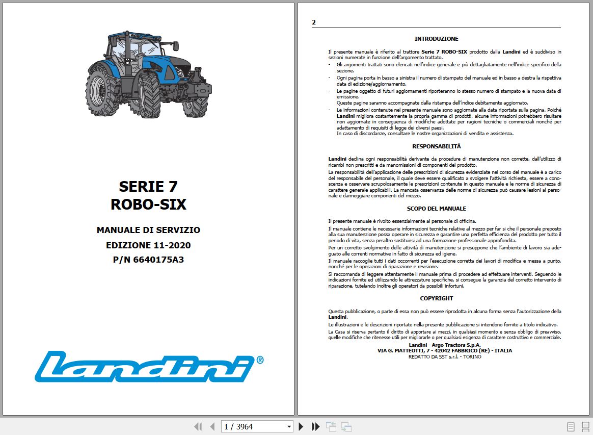 Landini Tractor 7 160 to 7 230 ROBO SIX Service Manual 6640175A3 IT 1