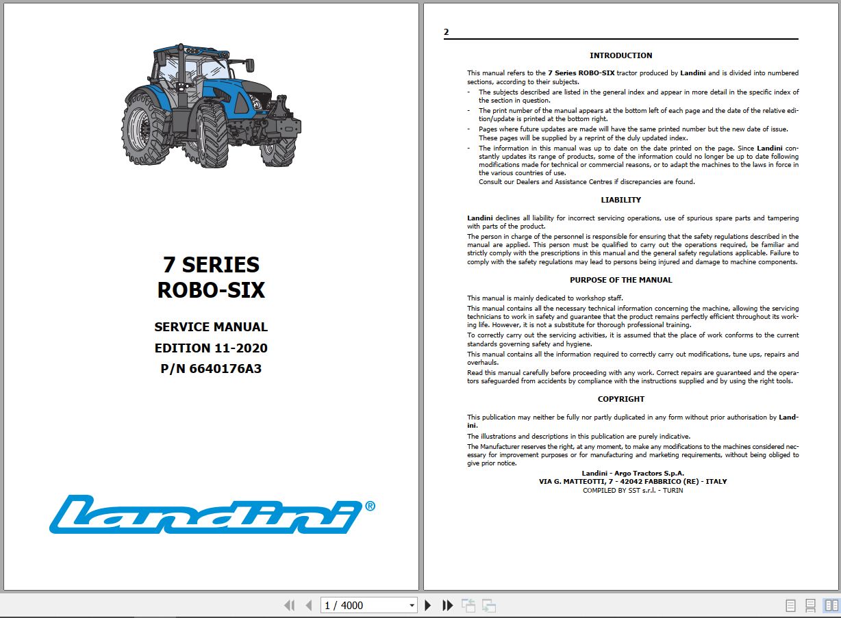 Landini Tractor 7 160 to 7 230 ROBO SIX Service Manual 6640176A3 EN 1