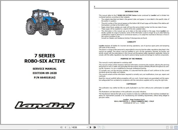 Landini Tractor 7 160 to 7 230 ROBO SIX Service Manual 6640181A2 EN 1