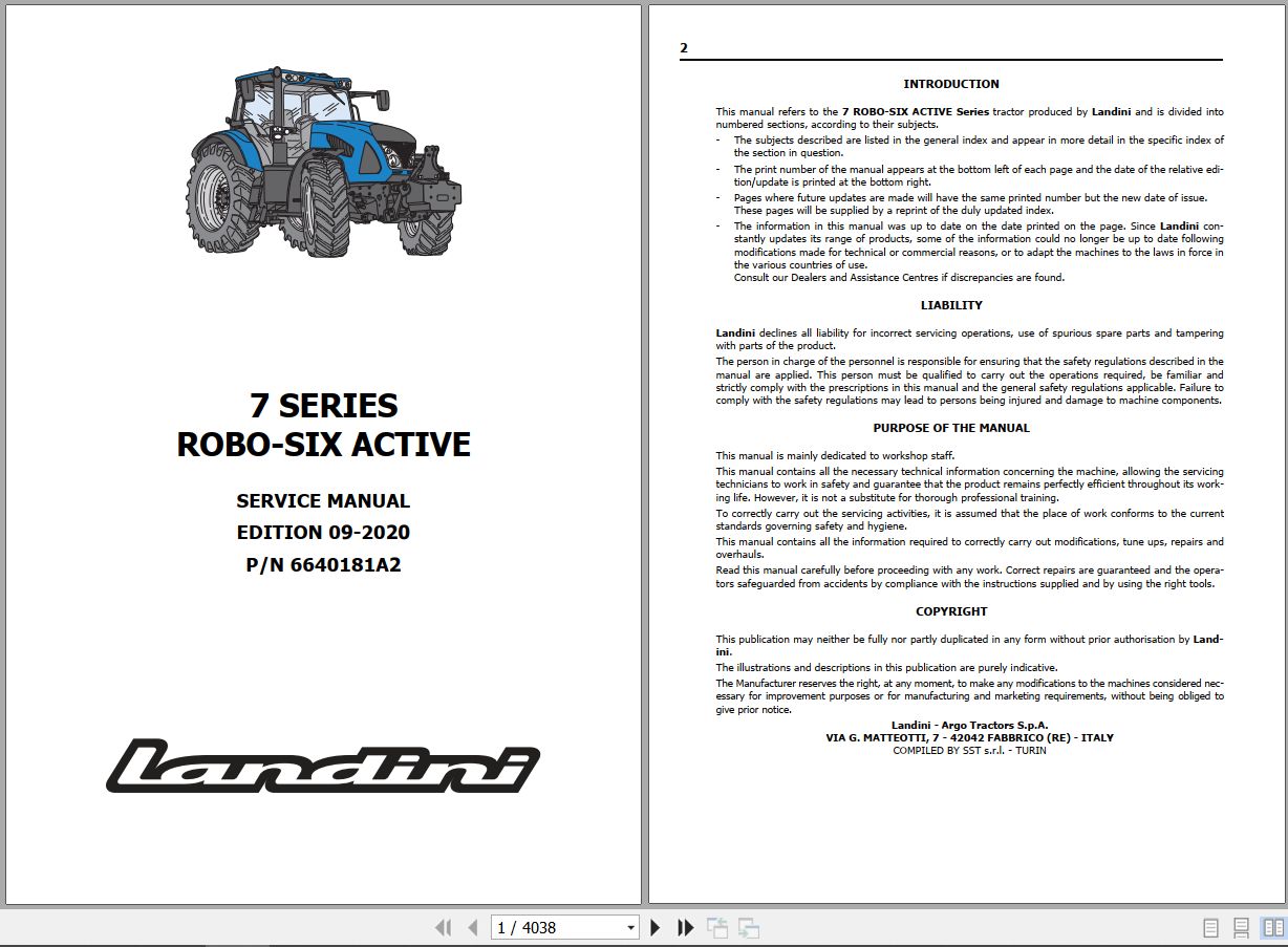 Landini Tractor 7 160 to 7 230 ROBO SIX Service Manual 6640181A2 EN 1