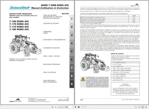 Landini Tractor 7 165 to 7 180 ROBO SIX Operators Maintenance Manual 6691061A1 FR 1