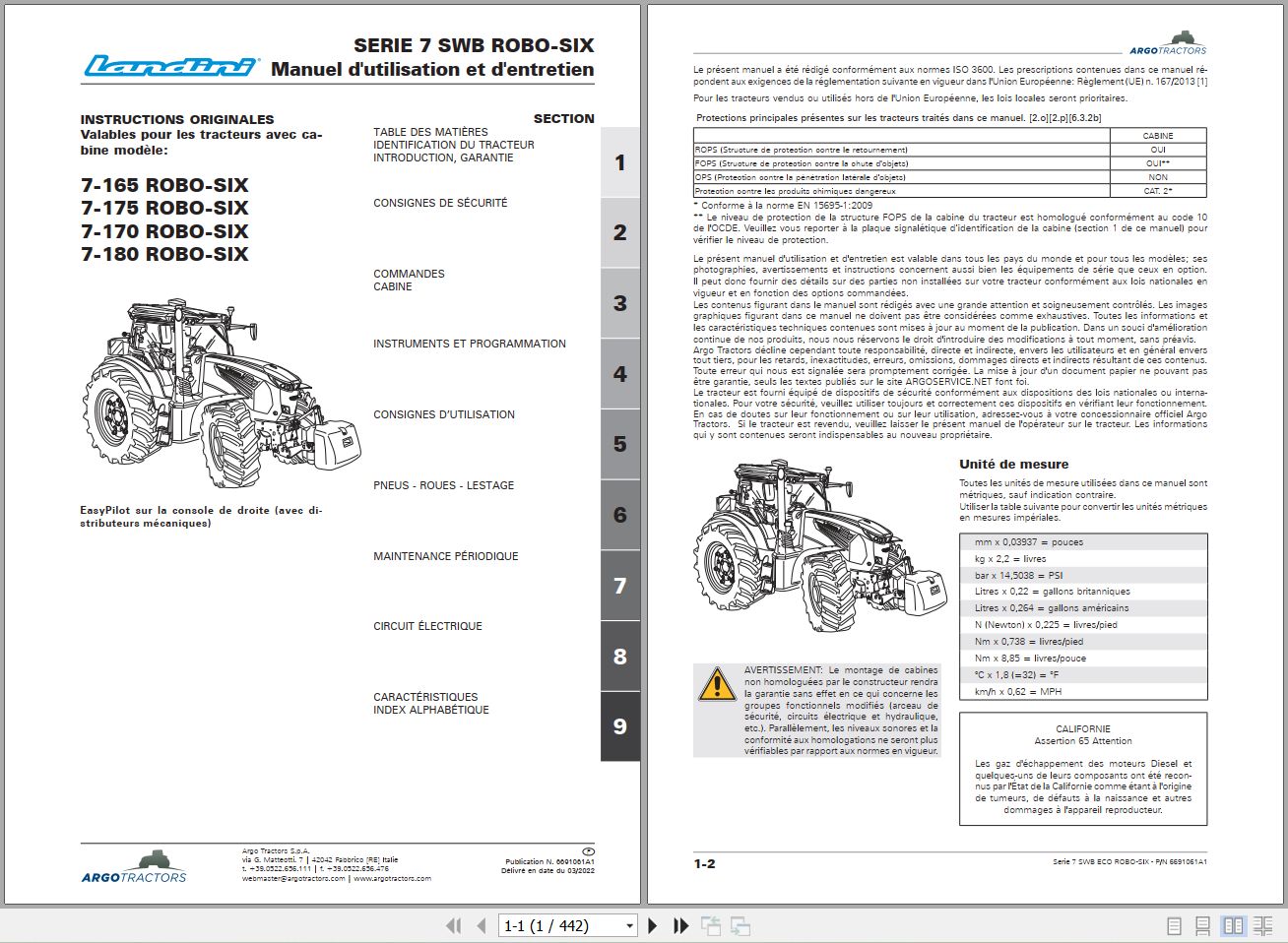 Landini Tractor 7 165 to 7 180 ROBO SIX Operators Maintenance Manual 6691061A1 FR 1