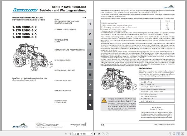 Landini Tractor 7 165 to 7 180 ROBO SIX Operators Maintenance Manual 6720602A1 DE 1