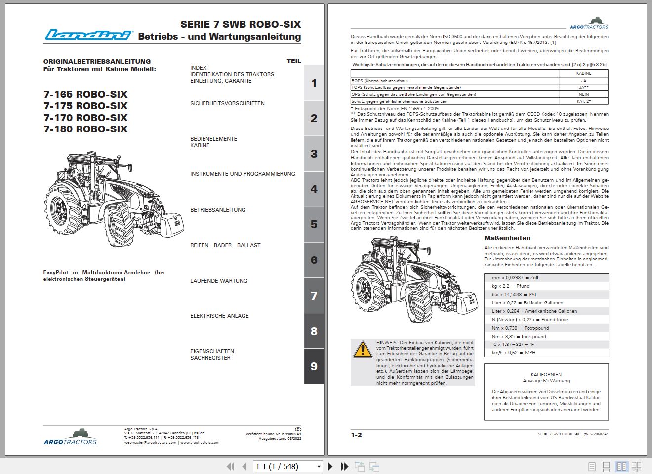 Landini Tractor 7 165 to 7 180 ROBO SIX Operators Maintenance Manual 6720602A1 DE 1