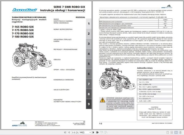 Landini Tractor 7 165 to 7 180 ROBO SIX Operators Maintenance Manual 6720638A1 PL 1