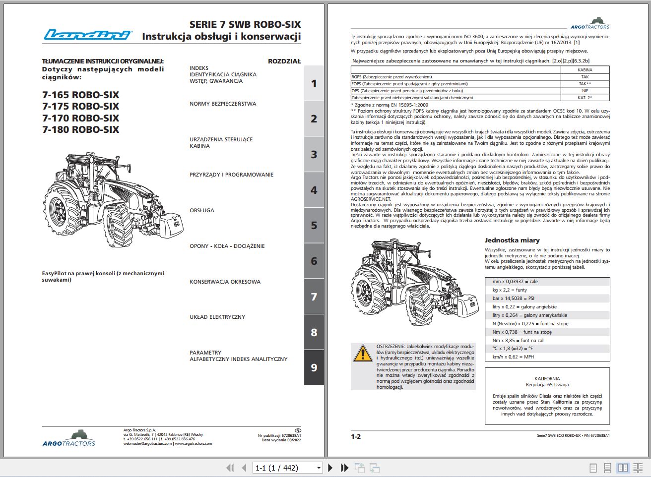 Landini Tractor 7 165 to 7 180 ROBO SIX Operators Maintenance Manual 6720638A1 PL 1