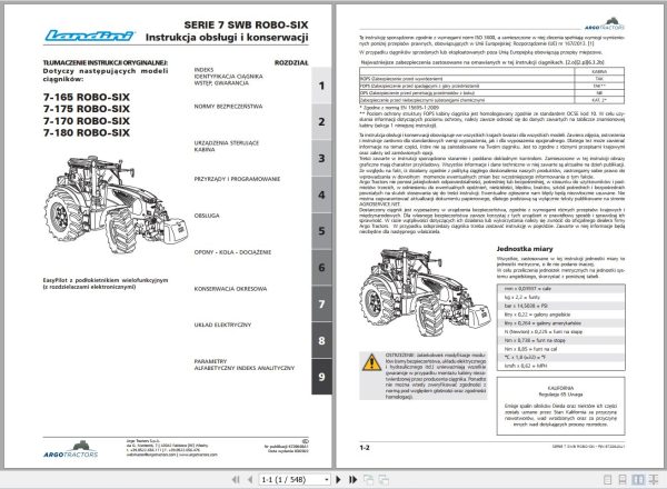 Landini Tractor 7 165 to 7 180 ROBO SIX SWB Operators Maintenance Manual 6720640A1 PL 1