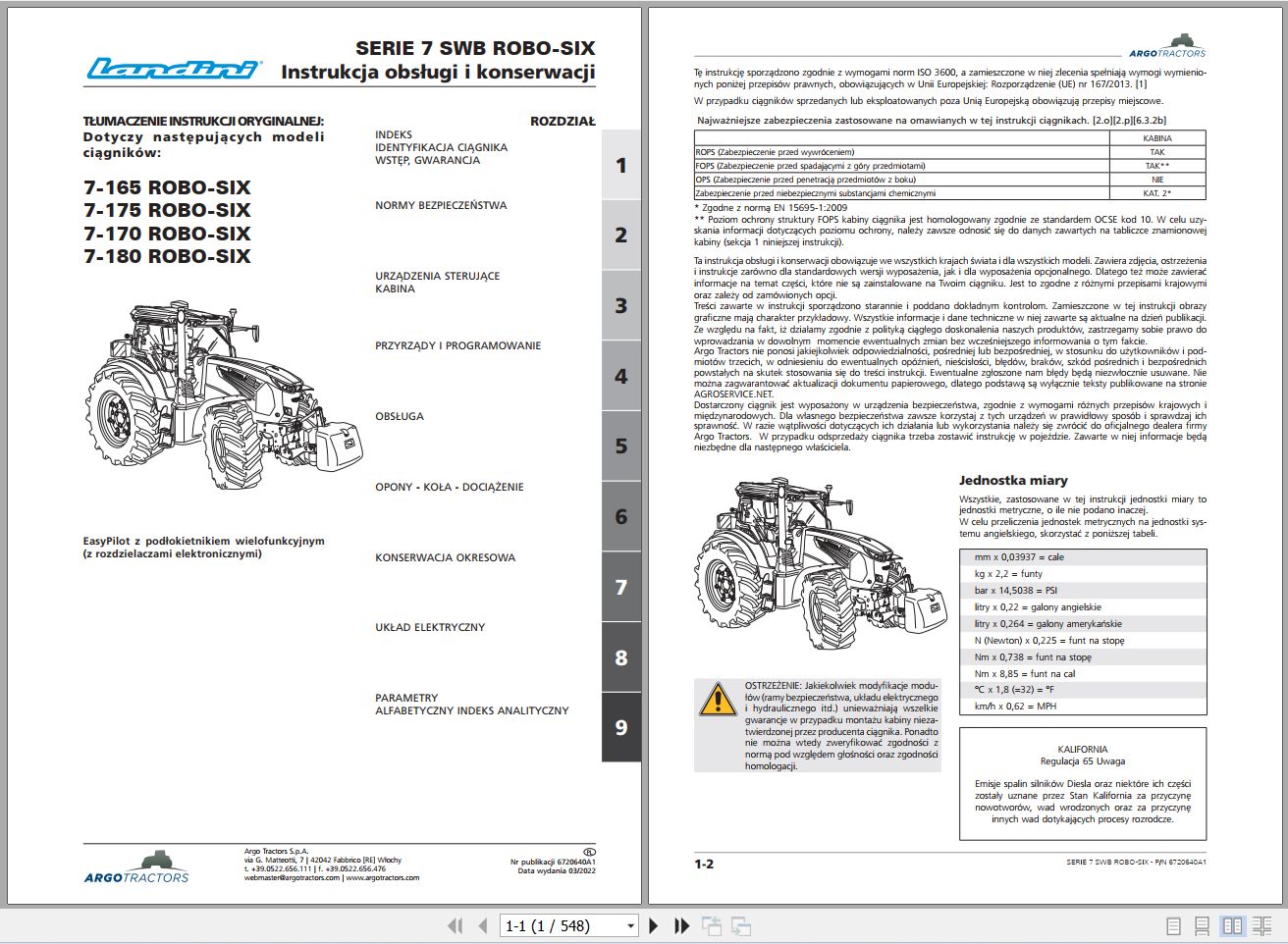 Landini Tractor 7 165 to 7 180 ROBO SIX SWB Operators Maintenance Manual 6720640A1 PL 1
