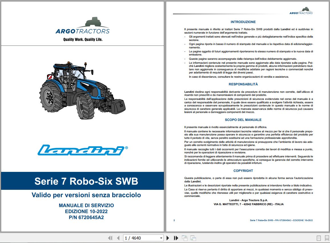 Landini Tractor 7 165 to 7 180 ROBO SIX SWB Service Manual 6720645A2 IT 1