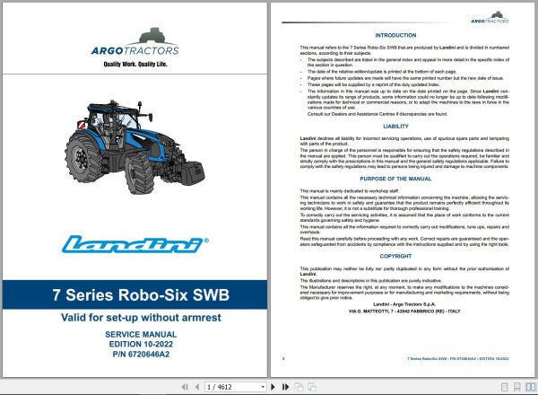 Landini Tractor 7 165 to 7 180 ROBO SIX SWB Service Manual 6720646A2 EN 1