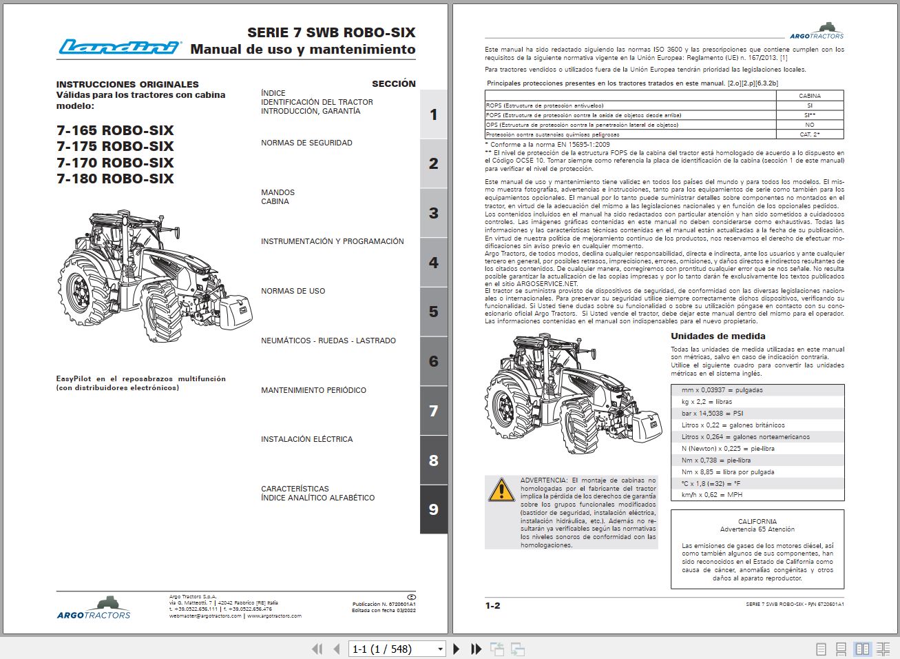 Landini Tractor 7 165 to 7 180 SWB ROBO SIX Operators Maintenance Manual 6720601A1 ES 1