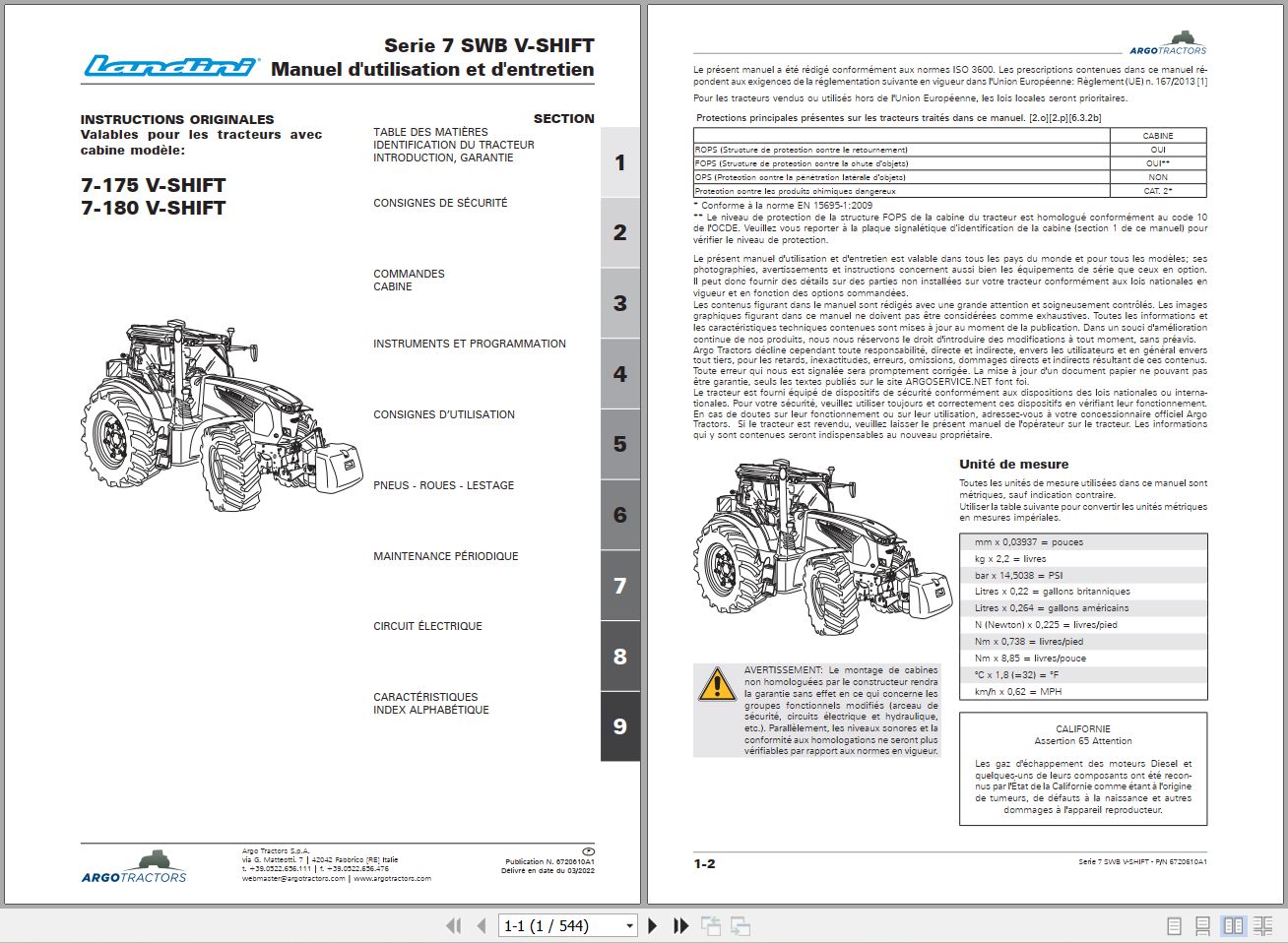 Landini Tractor 7 175 7 180 V SHIFT Operators Maintenance Manual 6720610A1 FR 1