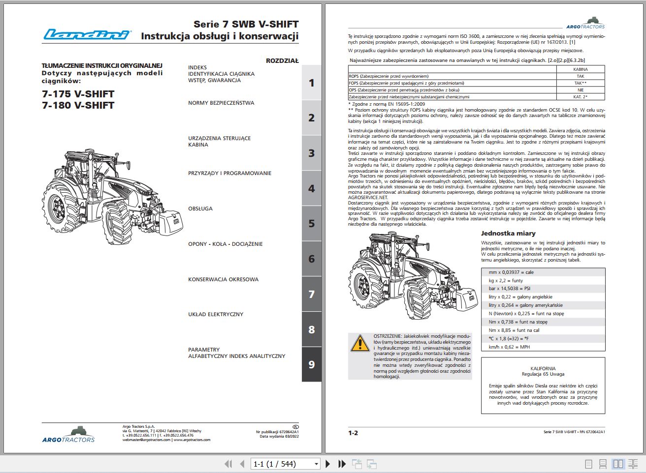 Landini Tractor 7 175 7 180 V SHIFT Operators Maintenance Manual 6720642A1 PL 1