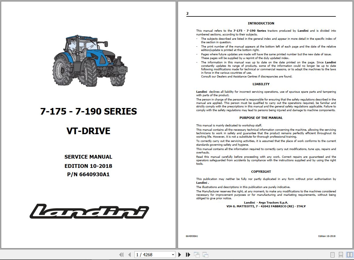 Landini Tractor 7 175 7 190 Service Manual 6640930A1 EN 1