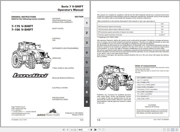 Landini Tractor 7 175 7 190 V SHIFT Operators Maintenance Manual 6603450A2 EN 1