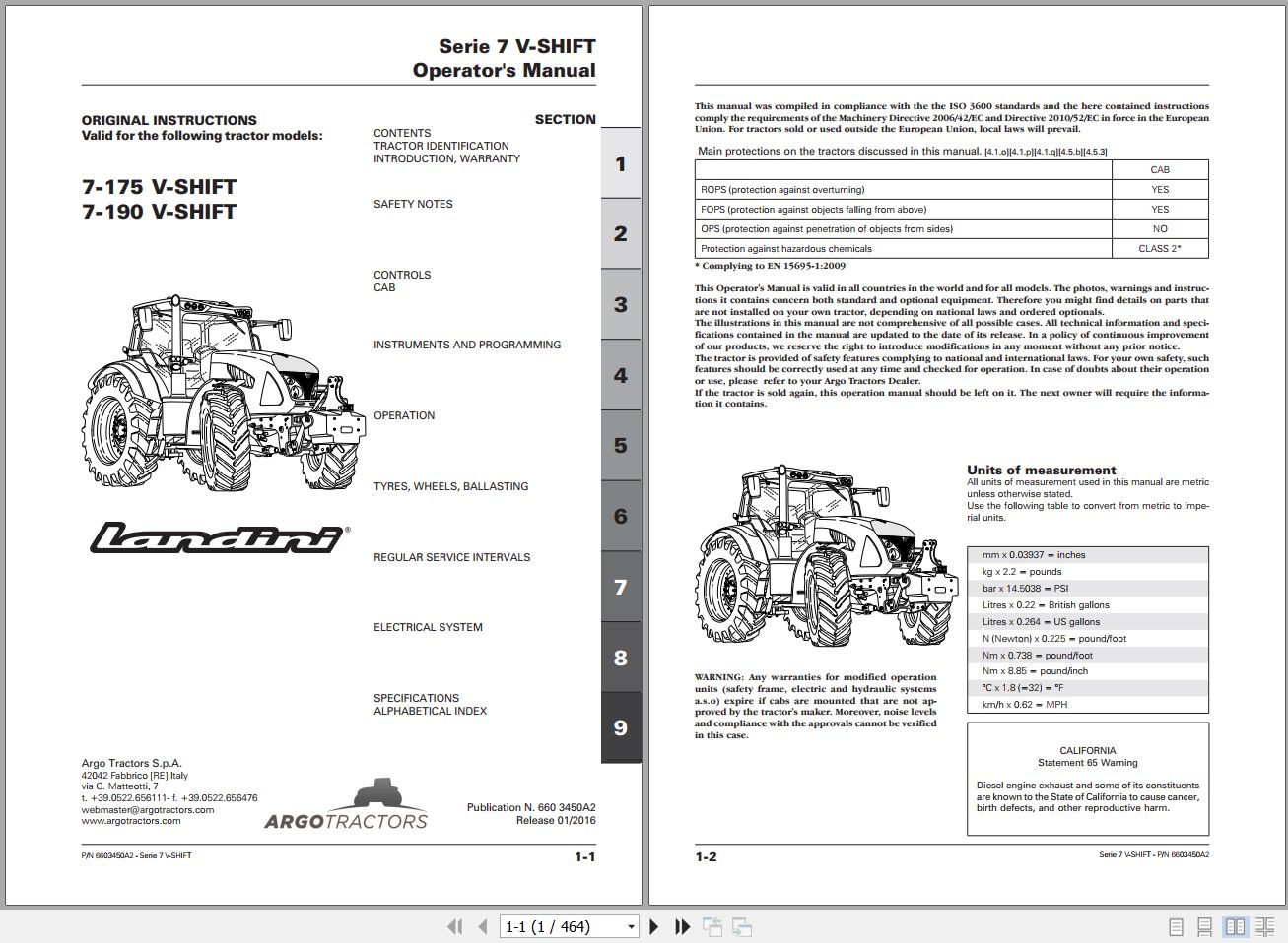Landini Tractor 7 175 7 190 V SHIFT Operators Maintenance Manual 6603450A2 EN 1