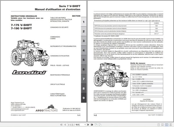 Landini Tractor 7 175 7 190 V SHIFT Operators Maintenance Manual 6603451A2 FR 1