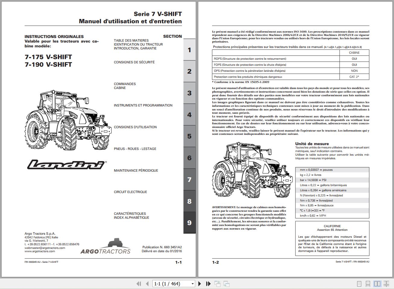 Landini Tractor 7 175 7 190 V SHIFT Operators Maintenance Manual 6603451A2 FR 1