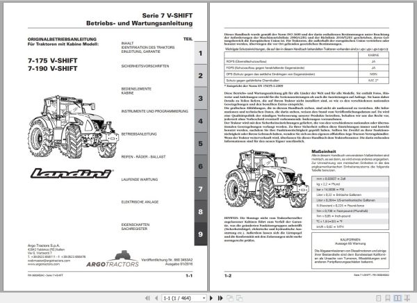 Landini Tractor 7 175 7 190 V SHIFT Operators Maintenance Manual 6603453A2 DE 1
