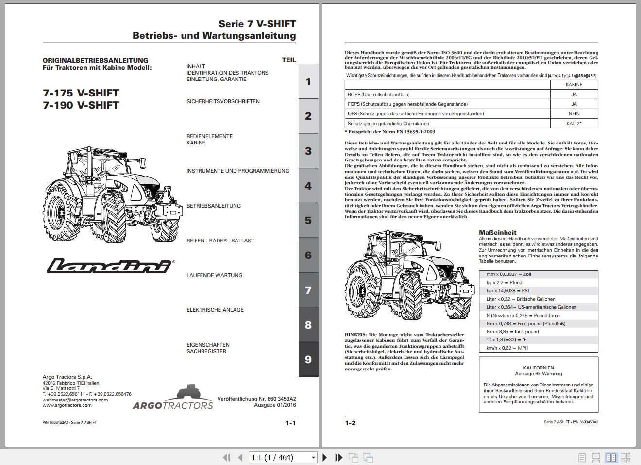 Landini Tractor 7 175 7 190 V SHIFT Operators Maintenance Manual 6603453A2 DE 1