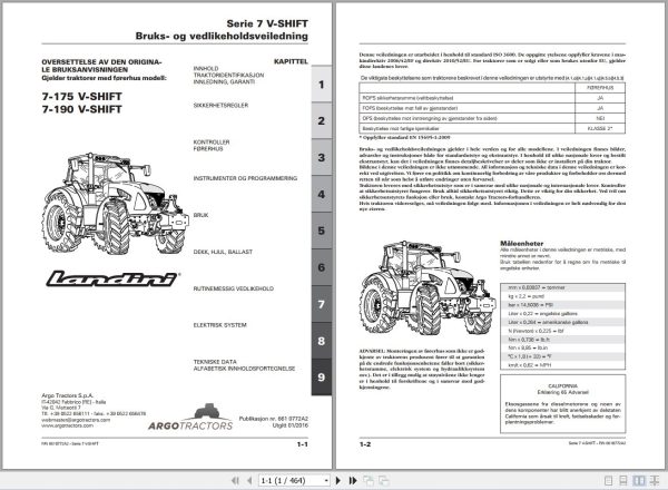 Landini Tractor 7 175 7 190 V SHIFT Operators Maintenance Manual 6610772A2 NO 1