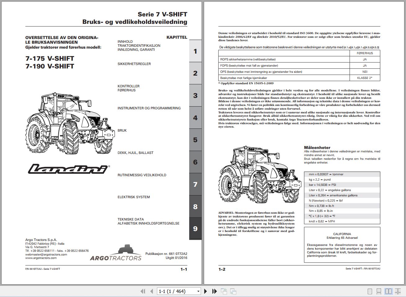 Landini Tractor 7 175 7 190 V SHIFT Operators Maintenance Manual 6610772A2 NO 1