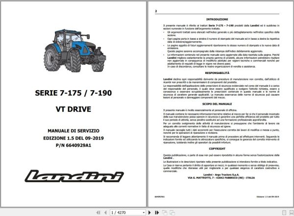 Landini Tractor 7 175 7 190 VT DRIVE Service Manual 6640929A1 IT 1