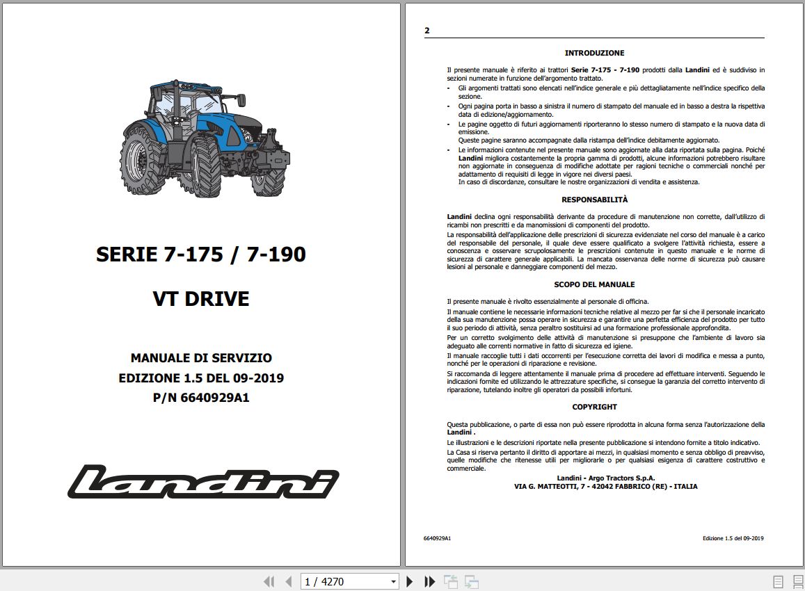 Landini Tractor 7 175 7 190 VT DRIVE Service Manual 6640929A1 IT 1